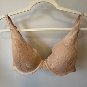 Soma Bra 36D Lightest Lift Lace Plunge Underwire Nude Beige‎ Floral Back Close